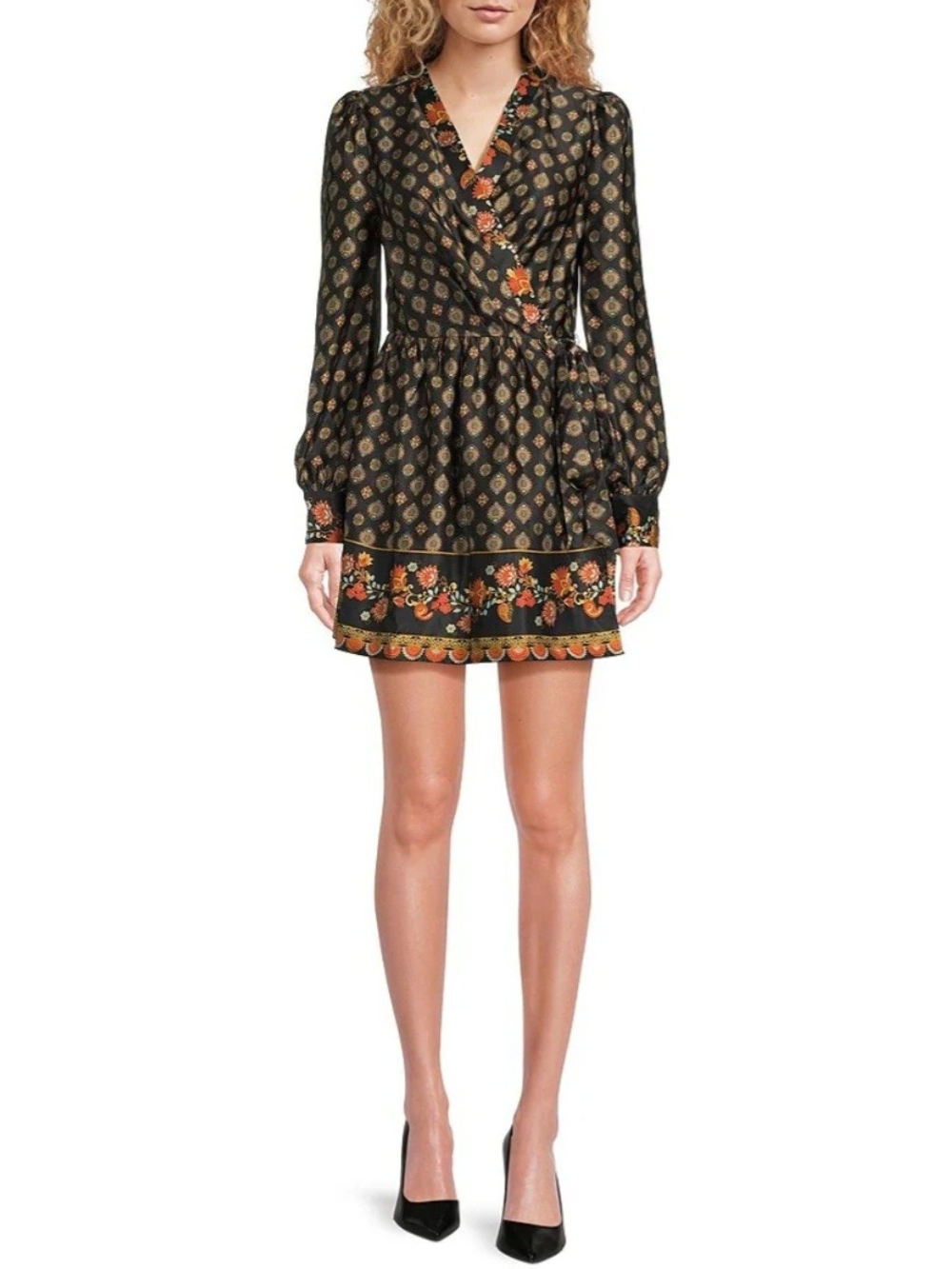 Chelsea & Violet Black Floral Border Wrap Mini Dress